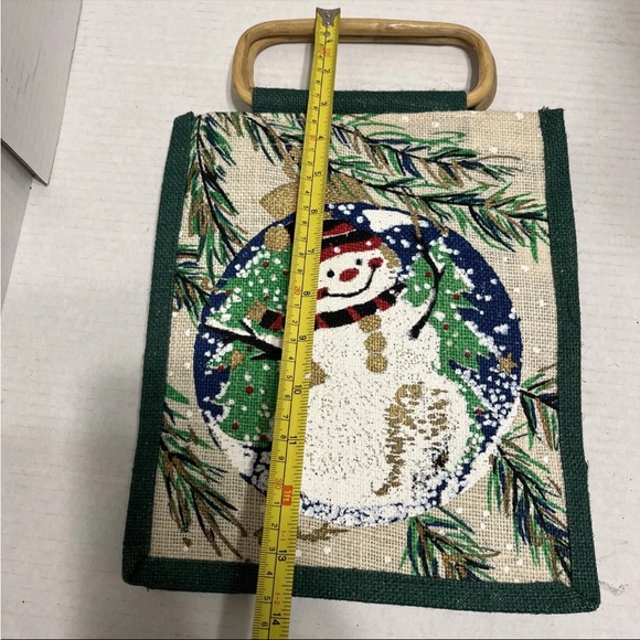 Jute Burlap Painted Wooden Handles Tote Bag Christmas Snowman Signed - Picture 5 of 14